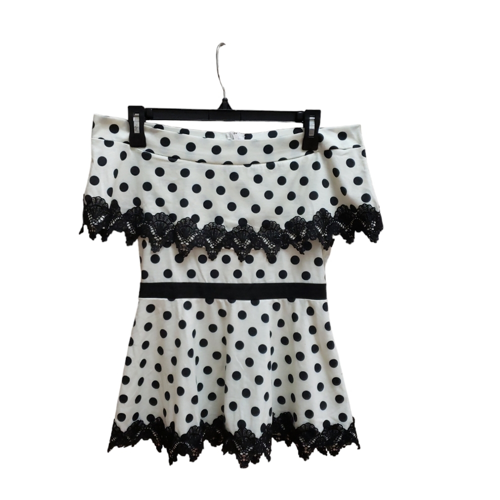 Nendu Blouse Juniors Size S Ivory Black Polka Dot Off Shoulder Lace Trim Retro